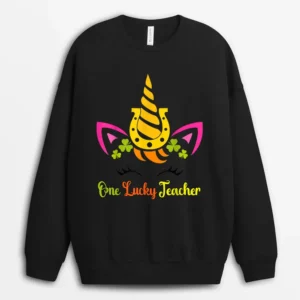 One Lucky Teacher Unicorn Face St Patricks Day Shamrock Girl Sweatshirt - Black
