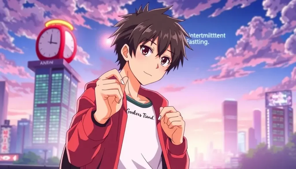 Anime character looking at a watch, symbolizing intermittent fasting timing.