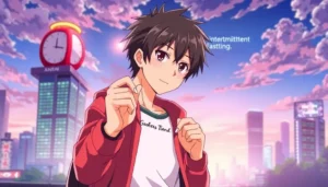 Anime character looking at a watch, symbolizing intermittent fasting timing.