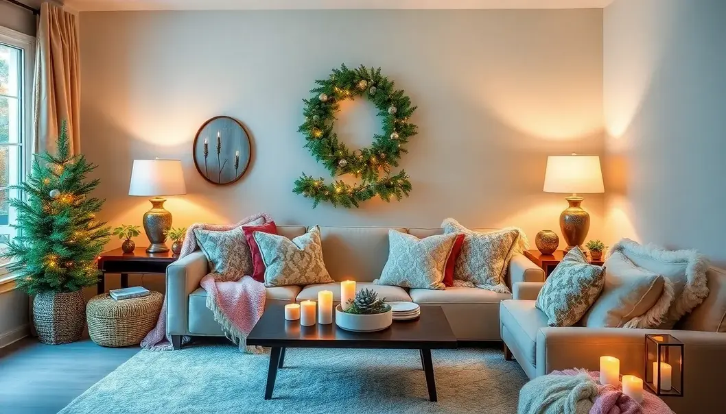 A table set with minimalist holiday décor using neutral colors and simple elements.