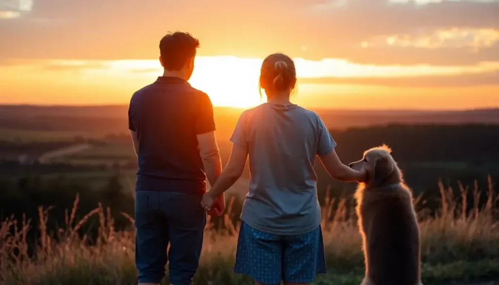 Family watching sunset with their pet, highlighting unity and resilience.