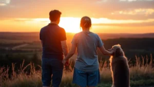 Family watching sunset with their pet, highlighting unity and resilience.