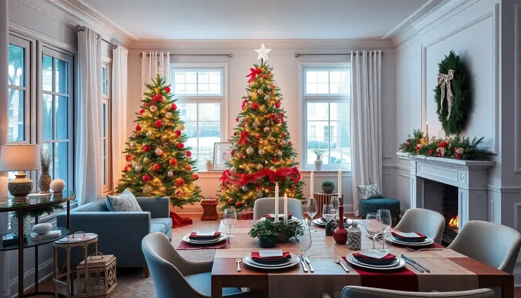 A holiday living room scene with a decorated Christmas tree and elegant table setting.