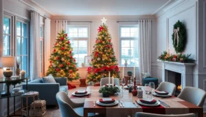 A holiday living room scene with a decorated Christmas tree and elegant table setting.