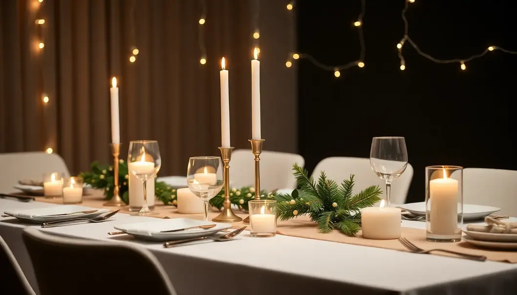 A table set with minimalist holiday décor using neutral colors and simple elements.