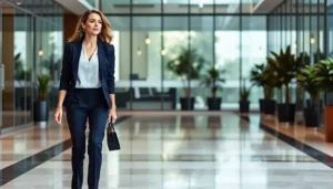 Woman in professional outfit walking through a modern office lobby.